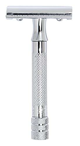 Chrome double edge safety razor with a knurled straight handle