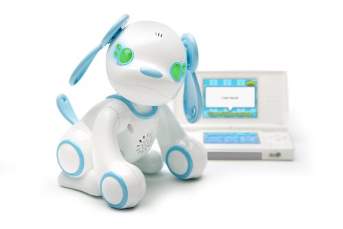 Wappy Dog robot puppy in front of a Nintendo DS showing a chat message