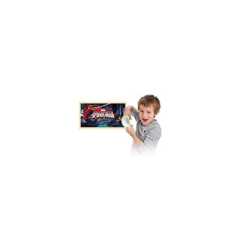 Boy holding a LeapTV controller beside a Spider-Man game screen