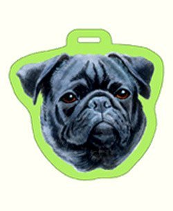 Luggage tag shaped like a painted black pug head with a lime green edge