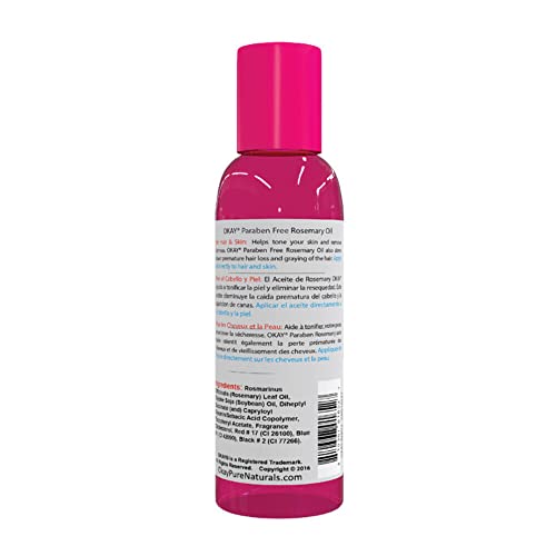 Back of the pink rosemary oil bottle with directions and ingredients
