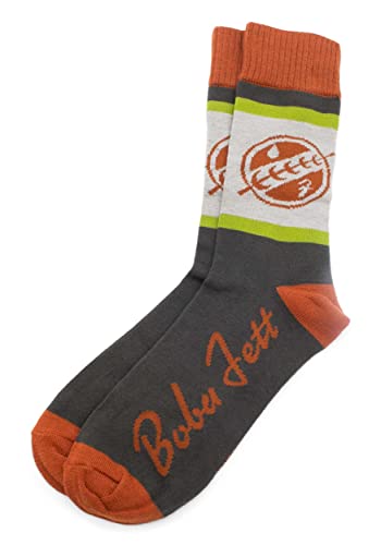 Grey and orange Boba Fett crew socks with the Mythosaur skull emblem