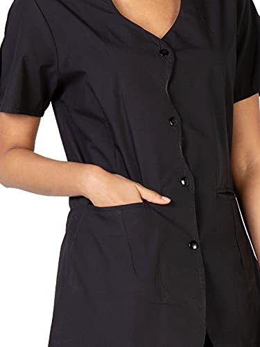 Close-up of the black stylist jacket's button front and slit pocket