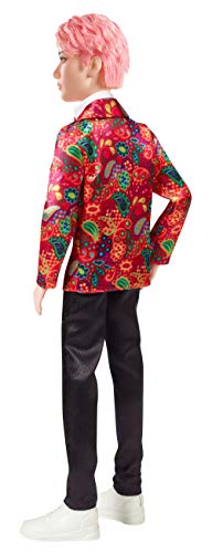 Back view of the BTS V doll in its red paisley jacket and black trousers