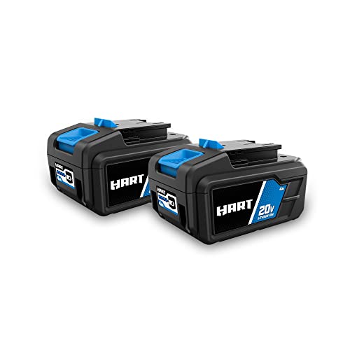 Two black and blue Hart 20V 4Ah lithium-ion batteries
