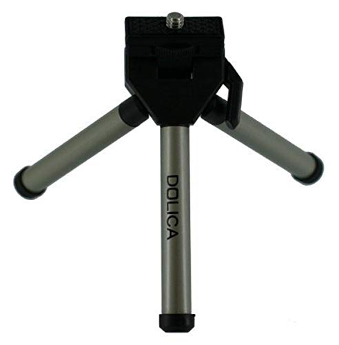 Silver Dolica mini tripod with black head and camera screw, front view