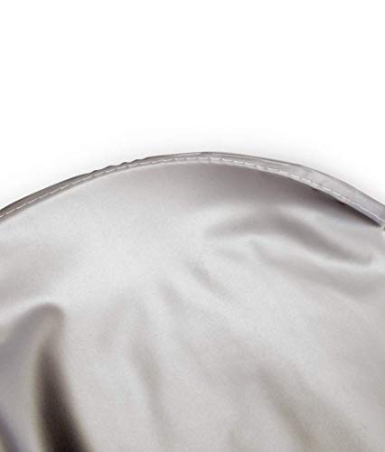 Curved hem of the silver vinyl cape with stitched binding