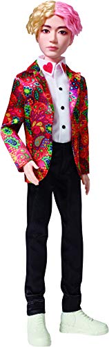 BTS V fashion doll with blond and pink hair in a red paisley jacket, front view