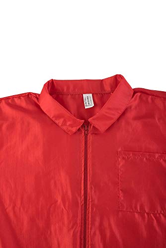 Red barber jacket laid flat showing collar, zip and chest pocket