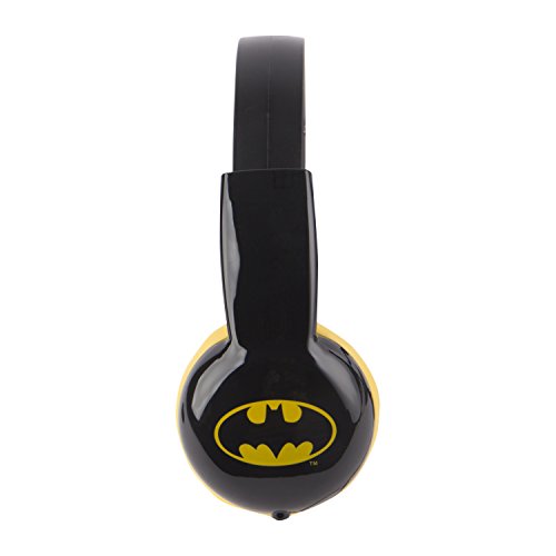 Side view of a black earcup printed with the yellow bat symbol