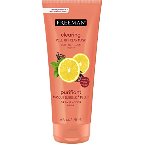 FREEMAN Clearing Sweet Tea & Lemon Peel-Off Clay Facial Mask, Antioxidant Rich Skincare Treatment, Protects Skin and Lightens Dark Spots, Face Mask Perfect For Combination Skin, 6 fl.oz./175 mL Tube