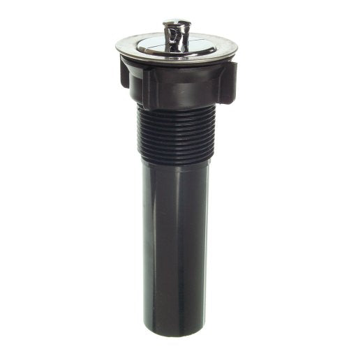 Chrome pop-up drain stopper on a black threaded tailpiece