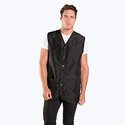 Man in a white tee wearing the long black snap-front barber vest