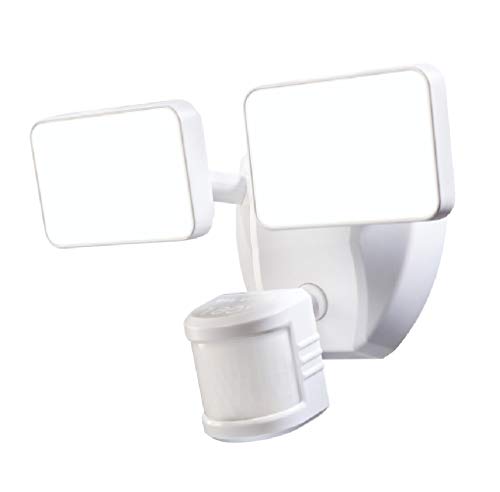 White two-head LED security floodlight with a motion sensor below