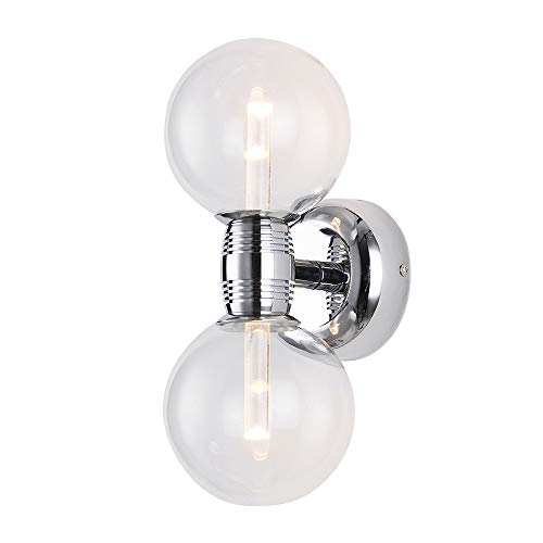 Chrome wall sconce with two clear glass globes and LED rods inside