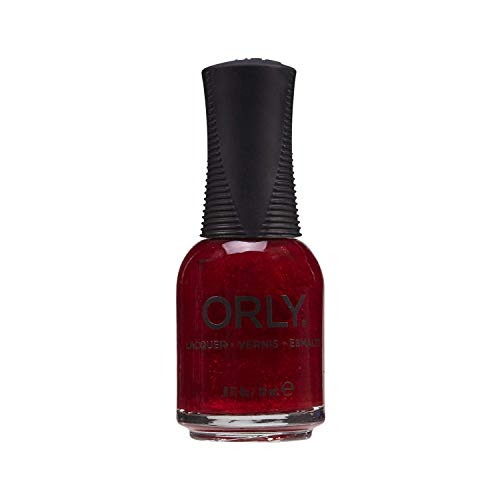 Front of the red shimmer Orly lacquer bottle