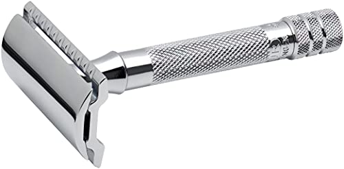 Chrome safety razor at an angle showing the head and knurled grip