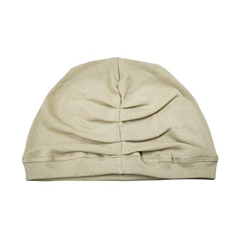 Beige stretch jersey turban with gathered front seam, laid flat