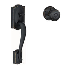 Load image into Gallery viewer, Schlage FE285 CAM 716 GEO Camelot Front Entry Handleset with Georgian Knob Lower Half Grip, Standard Interior Trim, Aged Bronze
