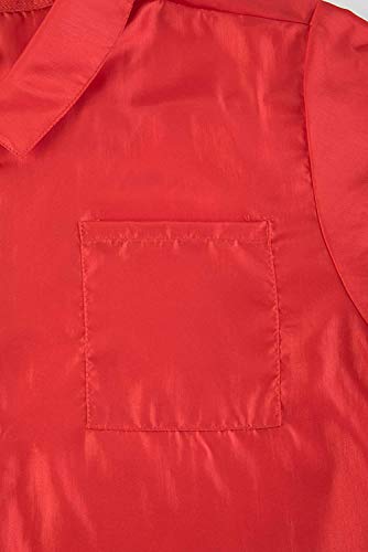 Chest patch pocket and collar edge on the red barber jacket