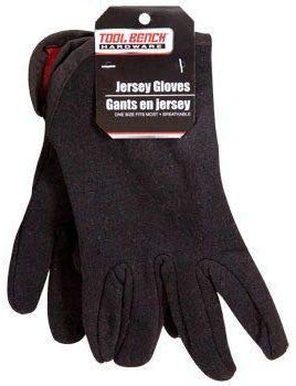 Pair of brown jersey work gloves with a red cuff on a hang tag