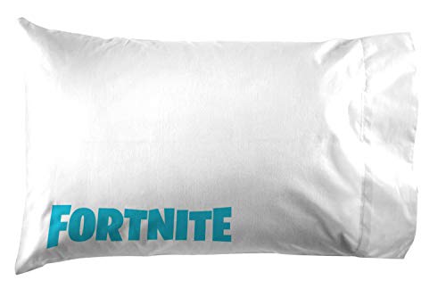 White pillowcase with teal Fortnite lettering