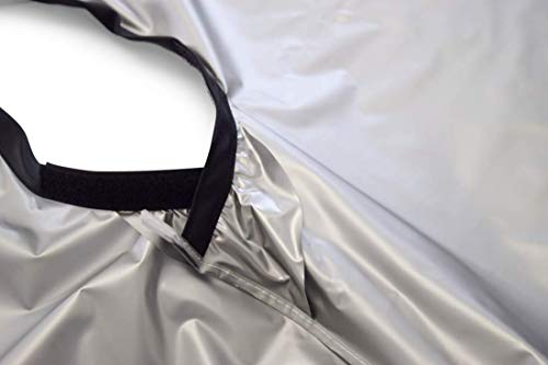 Black hook-and-loop neckband on the silver vinyl cape