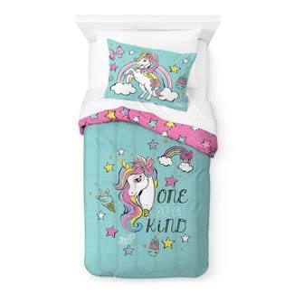 Teal twin comforter with a rainbow-maned unicorn and One of a Kind lettering, pink starry reverse