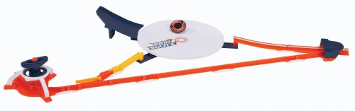 Side view of the Spinshotz track with launcher, arena and catch ramp