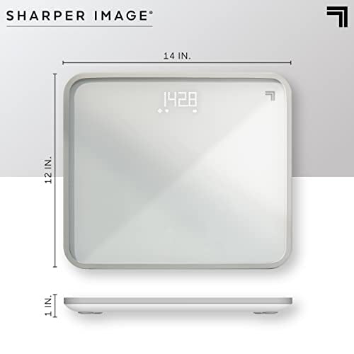 White glass scale dimensions: 14 by 12 inches, 1 inch thick