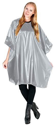 Woman wearing a silver vinyl jumbo shampoo cape with a black neckband