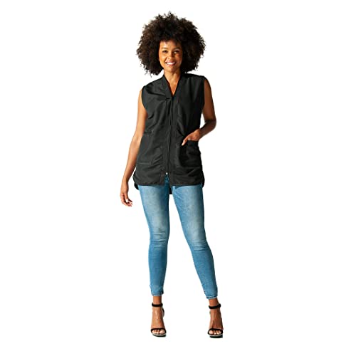 Smiling woman in a black sleeveless zip-front stylist vest and jeans