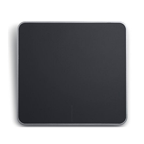 Top view of the square black touchpad with a silver edge