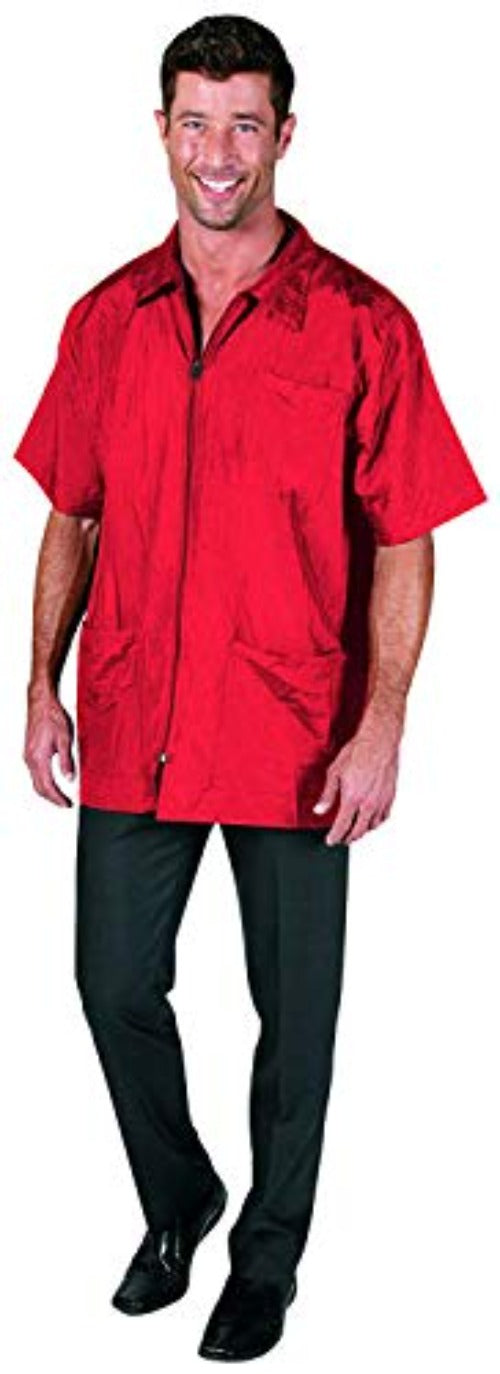 Smiling man in a red short-sleeve zip-front barber jacket and dark trousers