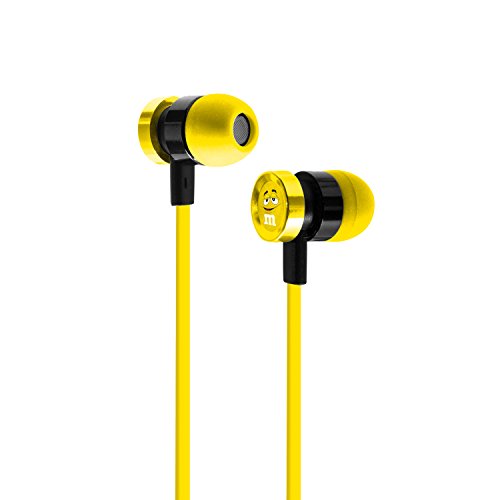 Yellow earbuds with a smiling yellow M&M character on one bud and flat yellow cord