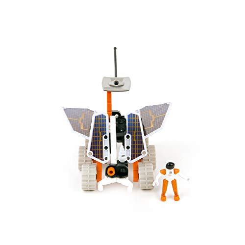 Front view of the built rover with solar panel wings, antenna and astronaut figure