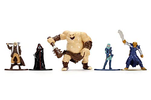 Five small die-cast fantasy figures: a dwarf, hooded figure, ogre, elf and caster
