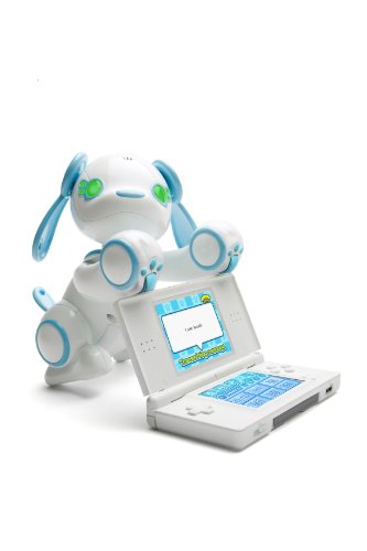 White and blue Wappy Dog robot puppy leaning on an open Nintendo DS Lite