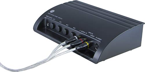 Composite cable plugged into the red, white and yellow inputs of a black AV switch