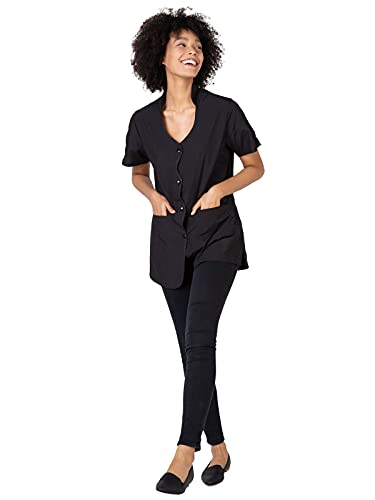 Smiling woman in a black short-sleeve stylist jacket with button front and pockets