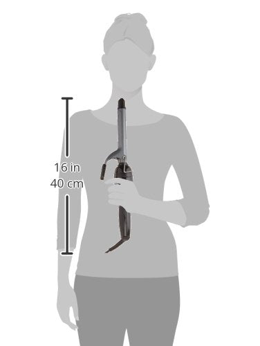 Revlon curling iron held by a grey figure, 16 inches long