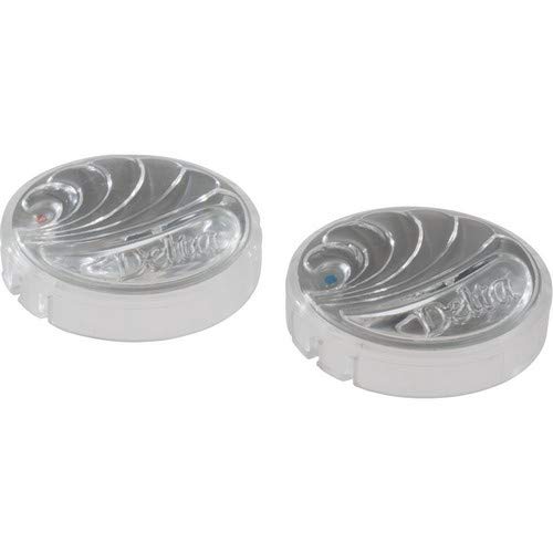 Pair of clear swirl-pattern Delta handle buttons, angled view