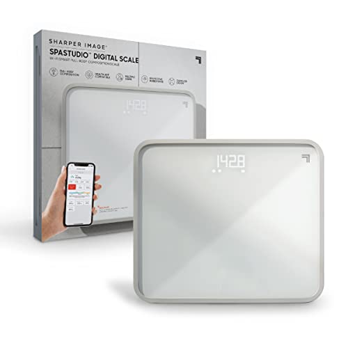 White glass WiFi bathroom scale with LED display in front of its grey box