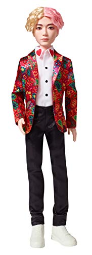 BTS V doll standing in a red paisley jacket, white heart-collar shirt and white sneakers