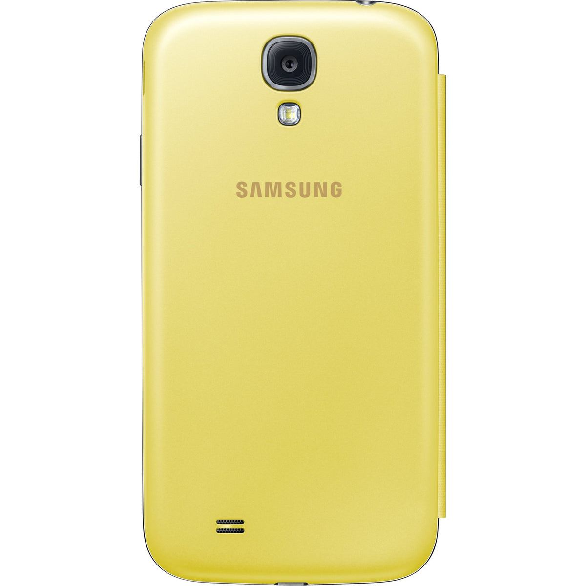 Back of the yellow Samsung Galaxy S4 flip cover with camera cutout