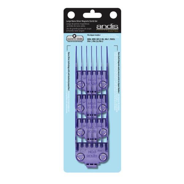 ANDIS Nano Silver Magnetic Attachment 4-Combs set in purple, featuring large combs for grooming, displayed on a card.