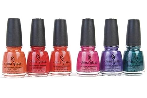 Six bottles of polish in orange, red, pink, purple and teal