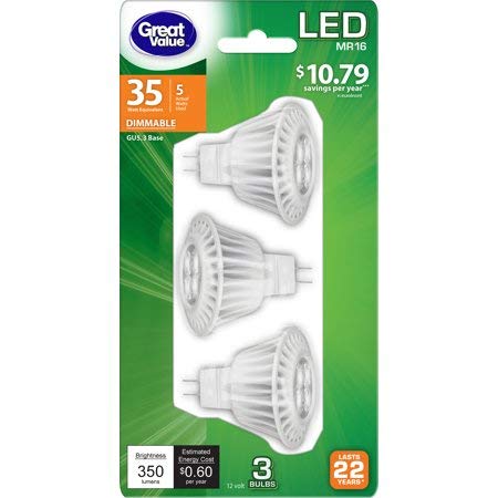 Great Value LED MR16 GU5.3 bulbs 3-pack, 35W equivalent, dimmable