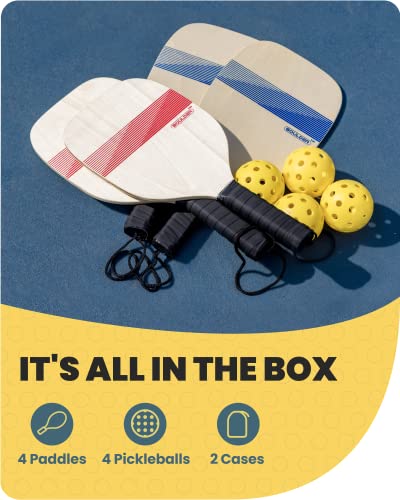 Four paddles and four balls on a court: 4 paddles, 4 balls, 2 cases