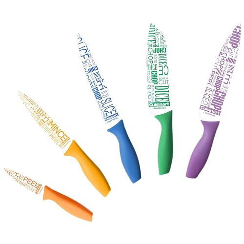 Fan of five knives with orange, yellow, blue, green and purple handles